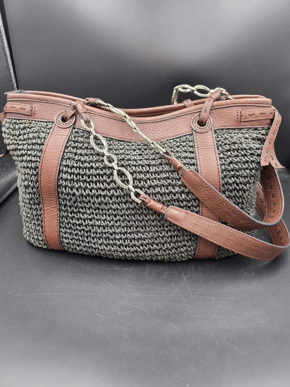 Brighton Brown Trim Woven Tote with Heart Charm